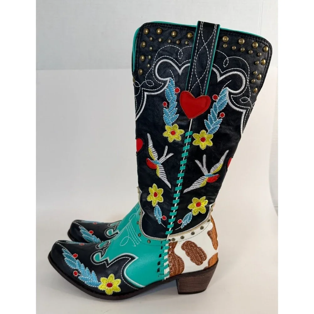 Embroidered Turquoise Cowhide Floral Snip Toe Western Cowgirl Boots Sz37 US 6.5